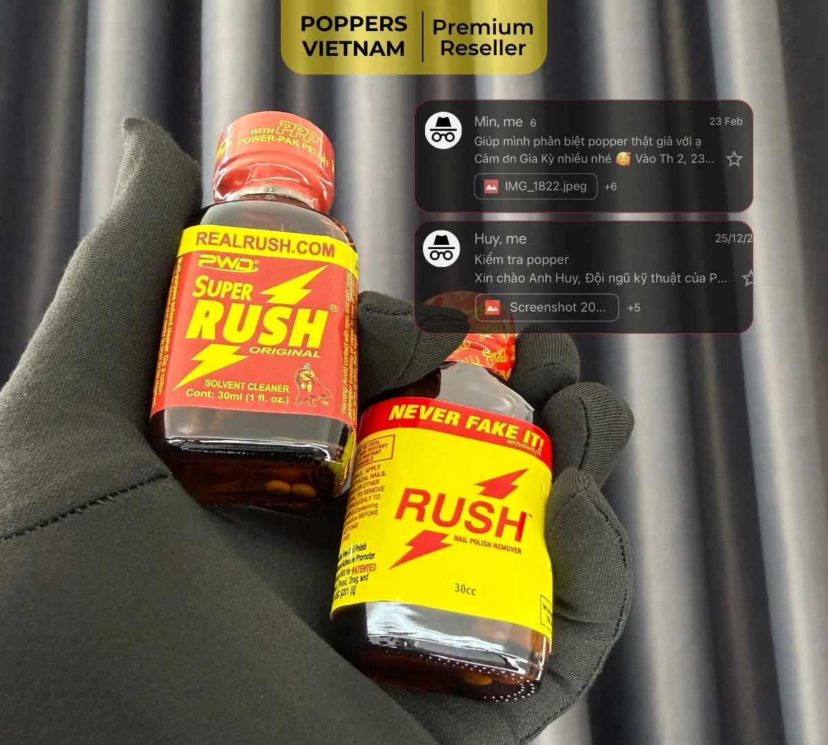Hình ảnh đối chứng vật lý trực tiếp trên tay giữa chai popper Super Rush Đỏ 30ml chính hãng và chai Rush Original Vàng giả mạo.