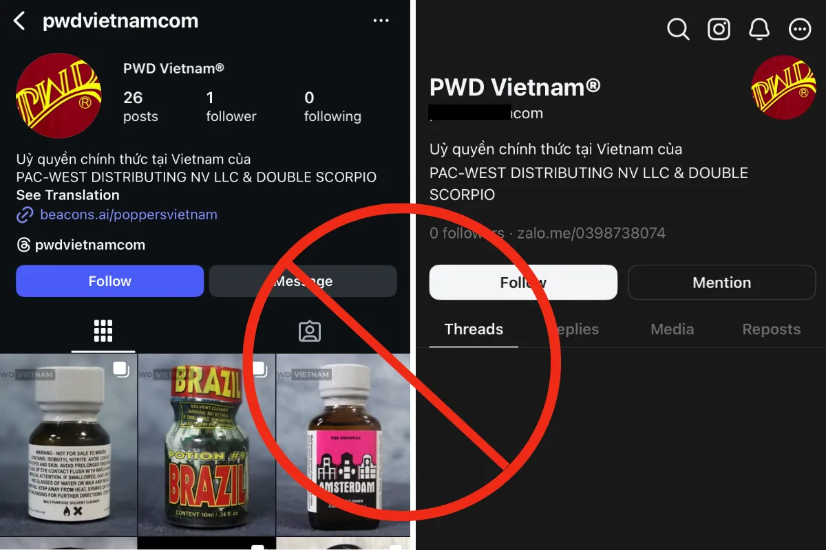 So sánh hai tài khoản Instagram và Threads có dấu hiệu mạo danh Poppers Việt Nam – cùng dùng tên thương hiệu PWD nhưng gắn website và link Zalo khác hệ thống