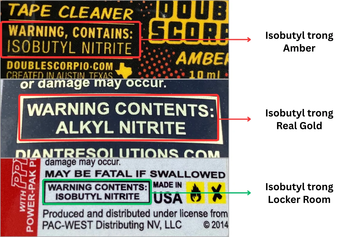 Nhãn cảnh báo thành phần Isobutyl Nitrite và Alkyl Nitrite trên các sản phẩm poppers chính hãng tại Mỹ