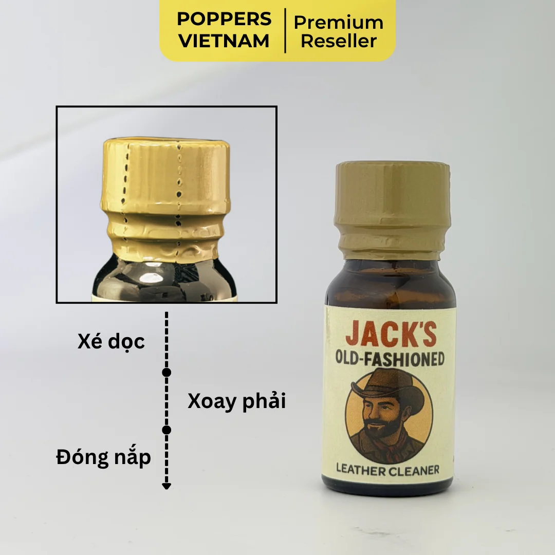 Nhãn seal chai popper Jack Old Fashioned 10ml được Poppers Việt Nam zoom cận cảnh cho thấy seal được tạo sẵn lớp răng cưa cho khách dễ mở.