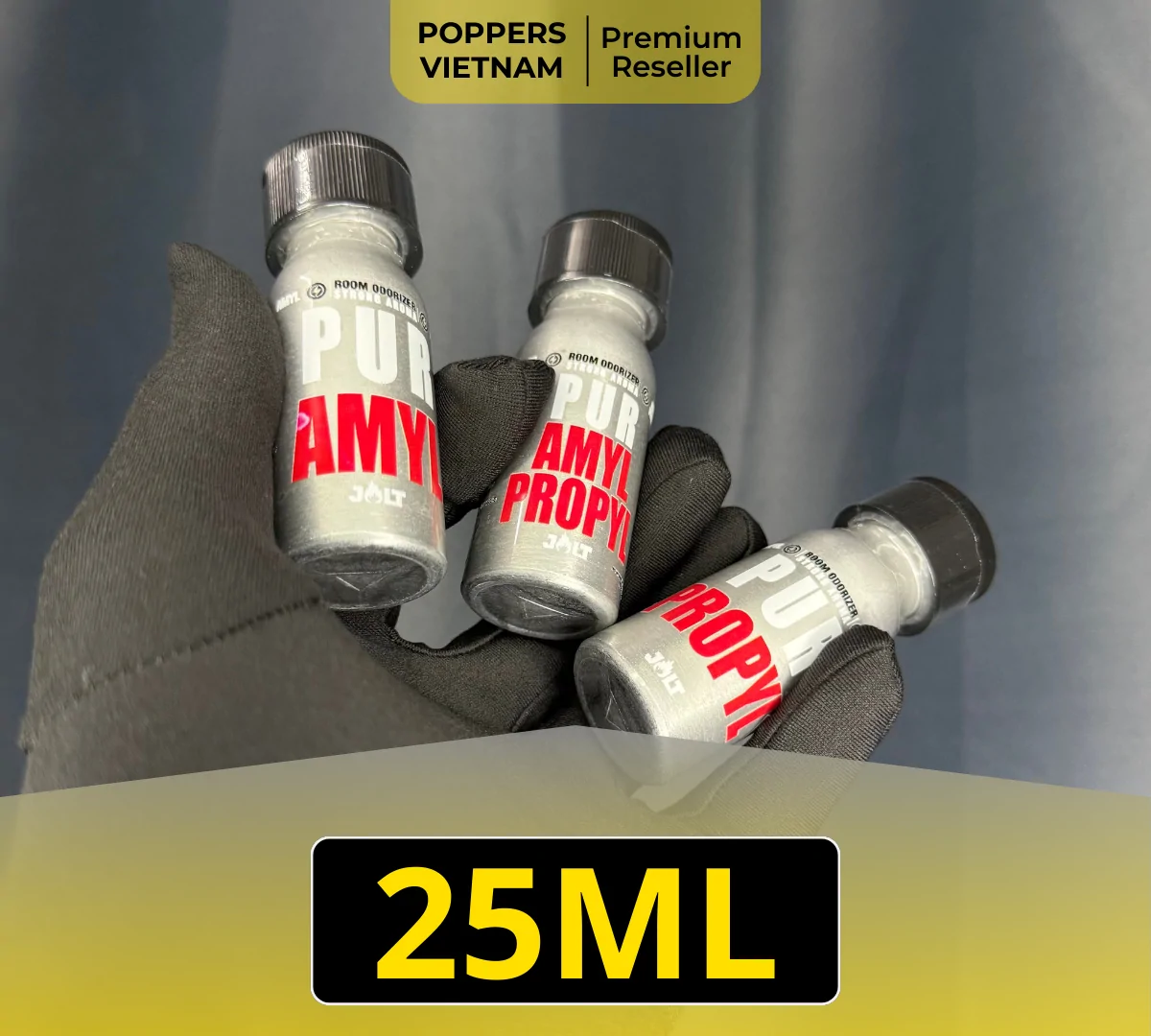 "Jolt Aluminum Poppers Series: Amyl, Propyl & Mix (25ml) – Premium unbreakable French formulas at Poppers Vietnam. Three silver aluminum bottles with red text held by a black glove, under the Premium Reseller badge.