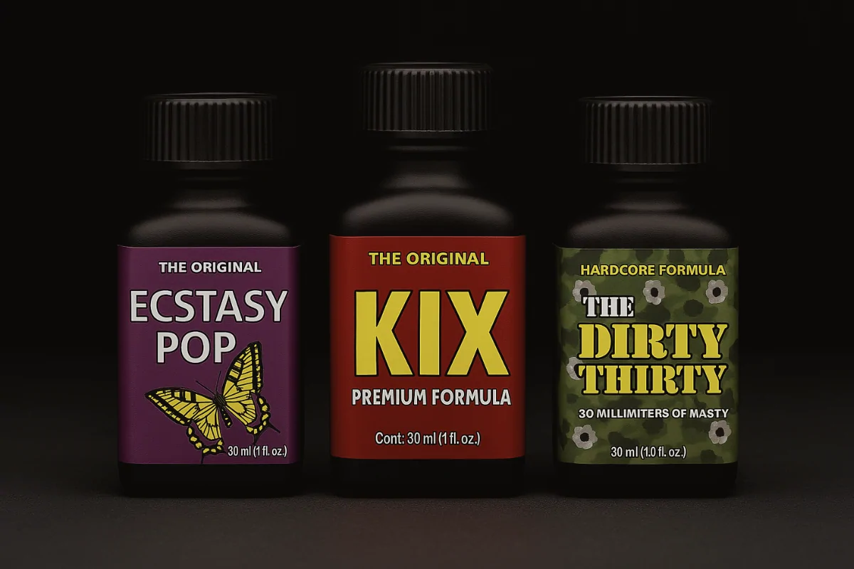 Ba dòng poppers nổi bật: Ecstasy Pop, Kix và Dirty Thirty – gợi ý cho các lựa chọn poppers được yêu thích trong năm 2025.