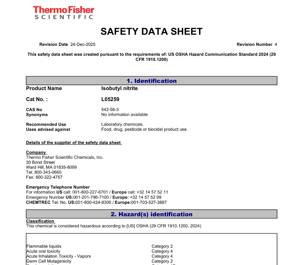 Hình ảnh là trang đầu Bảng Dữ liệu An toàn (Safety Data Sheet - SDS) của hóa chất Isobutyl nitrite (có số CAS là 542-56-3), được cấp bởi Thermo Fisher Scientific. Đây là bản sửa đổi thứ 4 (Revision 4), được cập nhật mới nhất vào ngày 24/12/2025.