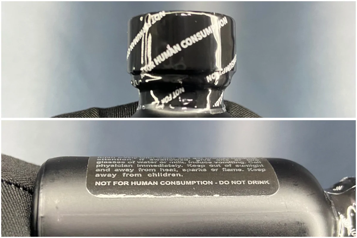 Vị trí in chữ "Not for Human Consumption” trên chai poppers Black Magic ở thị trường nội địa Mỹ