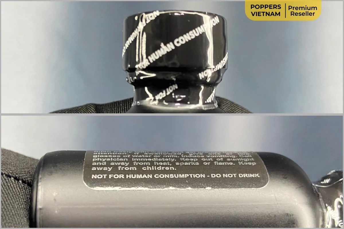 Hình ảnh là 2 ví trí đặt seal in "Not for Human Consumption”: seal nắp và nhãn dán trên thân chai.