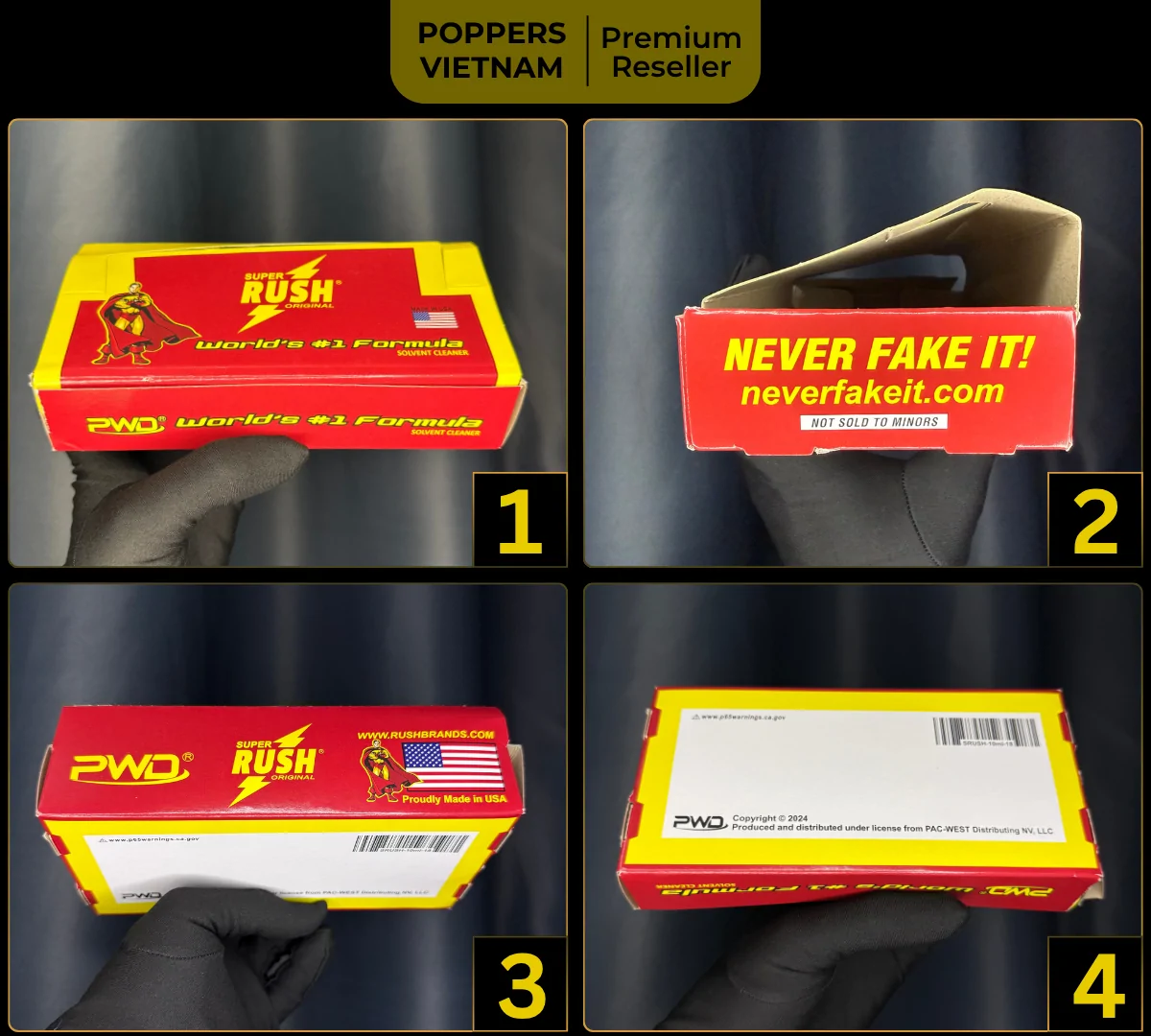 Vỏ hộp (gồm 6 mặt) của thương hiệu PWD đựng sản phẩm Super Rush 10ml. Có tất cả 18 chai được đựng trong hộp. Ảnh được chụp bằng máy ảnh kỹ thuật cao bởi Poppers Việt Nam